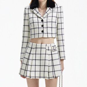 NWT $585 Self Portrait Cropped Faux Fur Trimmed Check Tweed Jacket White Size 8